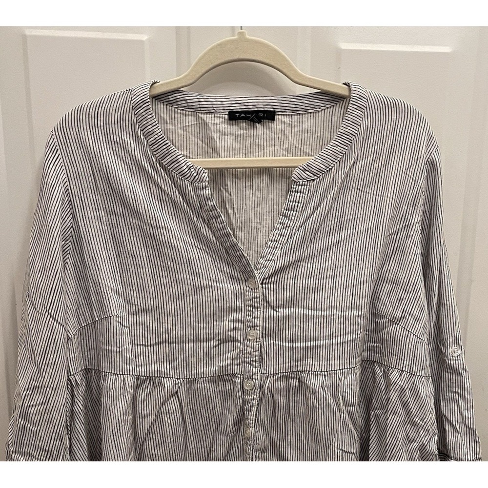 Tahari Button Up Shirt Womens 1X White & Black Striped Linen Blend 3/4 Sleeve